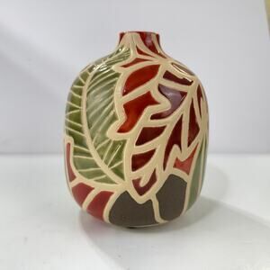 HD Designs Ceramic Vase Large Leaf Pattern Green Burnt Orange Rust Color 8"